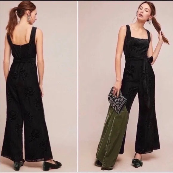 Moulinette Soeurs Pants - Anthropologie Noir Velvet Burnout Jumpsuit-NWOT-Size 4P